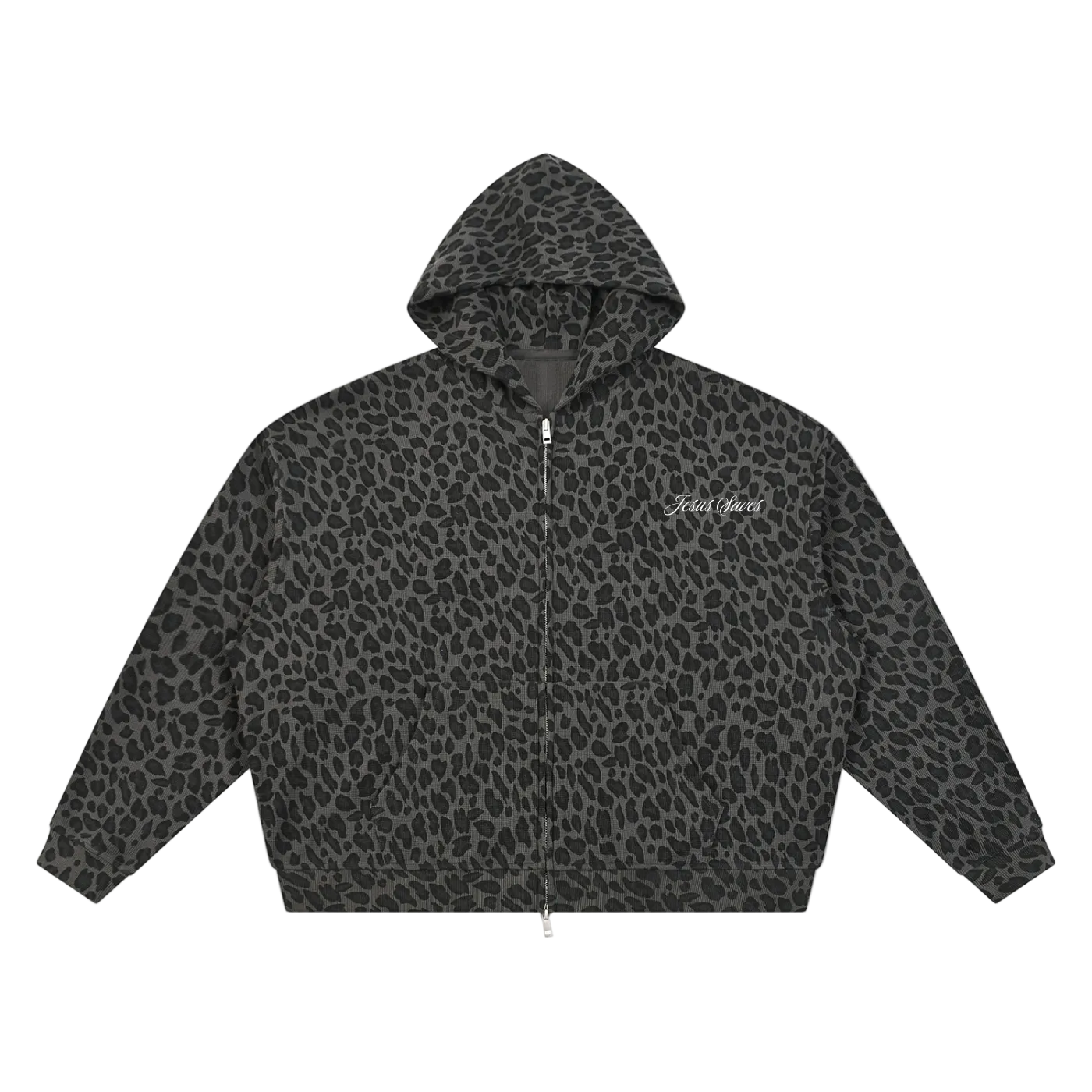 Jesus Saves Leopard Print Waffle Full Zip Hoodie