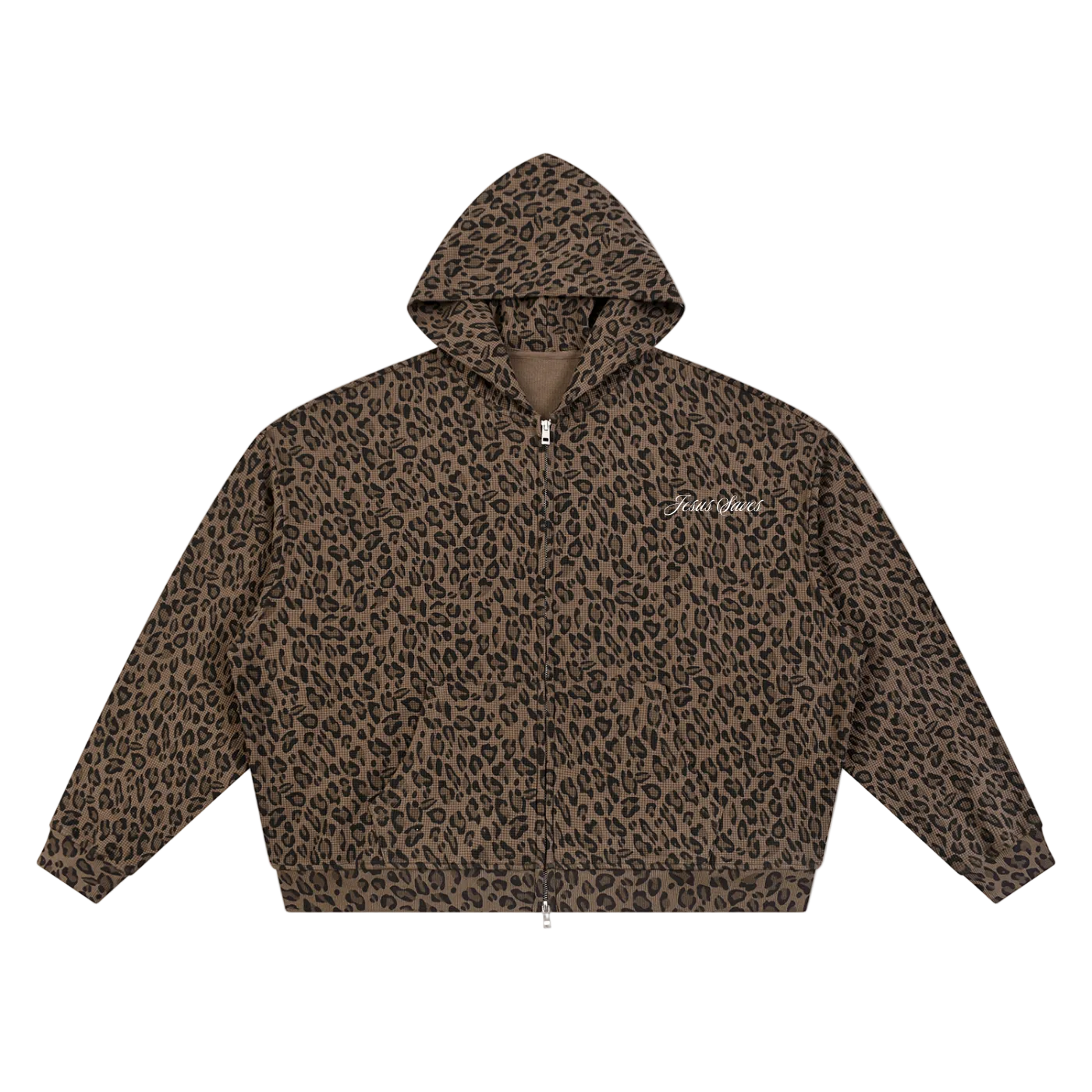 Jesus Saves Leopard Print Waffle Full Zip Hoodie
