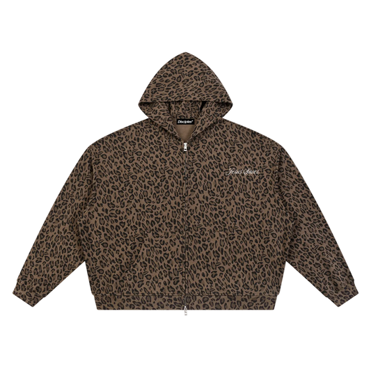 Unisex Leopard Print Waffle Full Zip Hoodie
