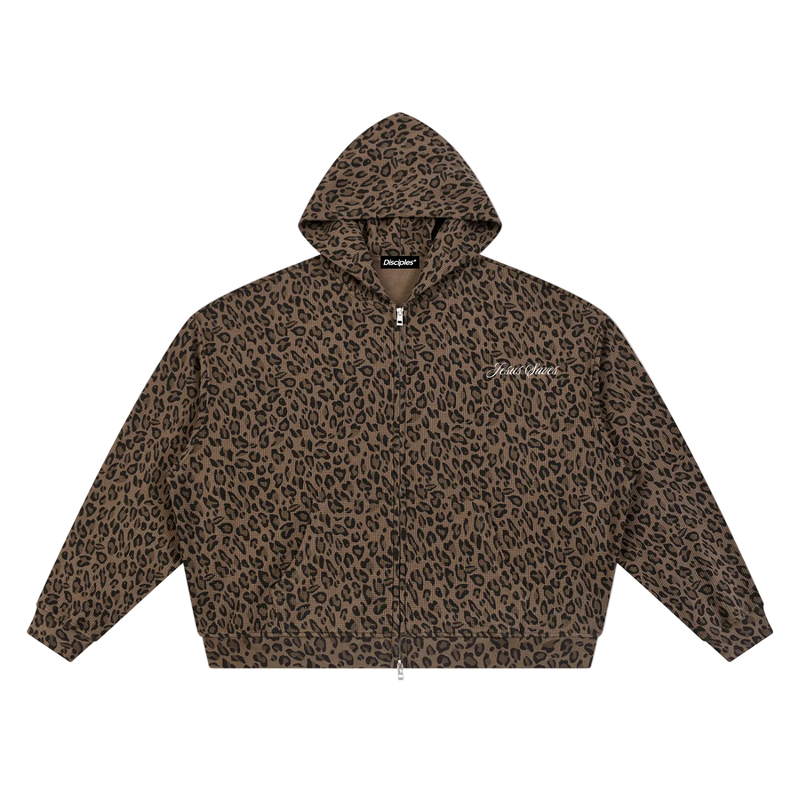 Unisex Leopard Print Waffle Full Zip Hoodie