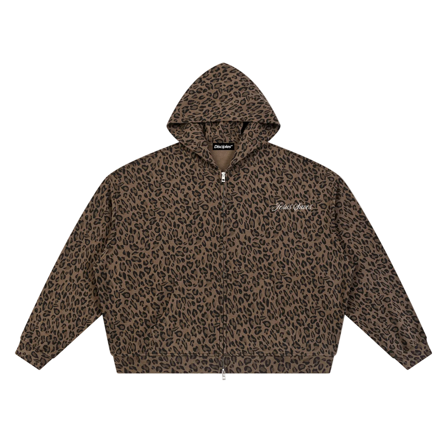 Unisex Leopard Print Waffle Full Zip Hoodie