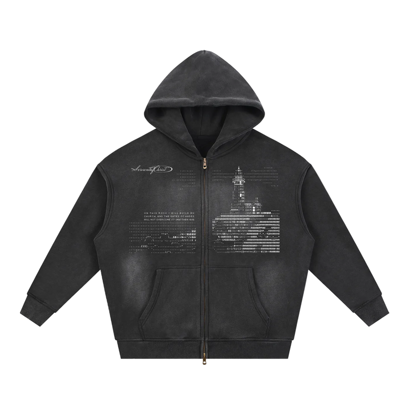 Matthew 16:18 Sunfade Two-way Zipper Boxy Fleece Hoodie