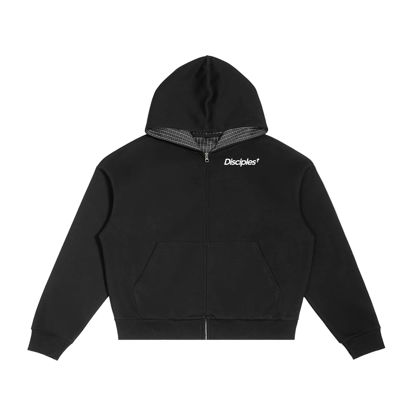 Contrast Plaid Boxy Zip Hoodie