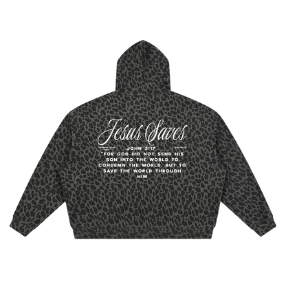 Unisex Leopard Print Waffle Full Zip Hoodie