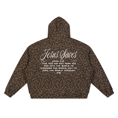 Unisex Leopard Print Waffle Full Zip Hoodie