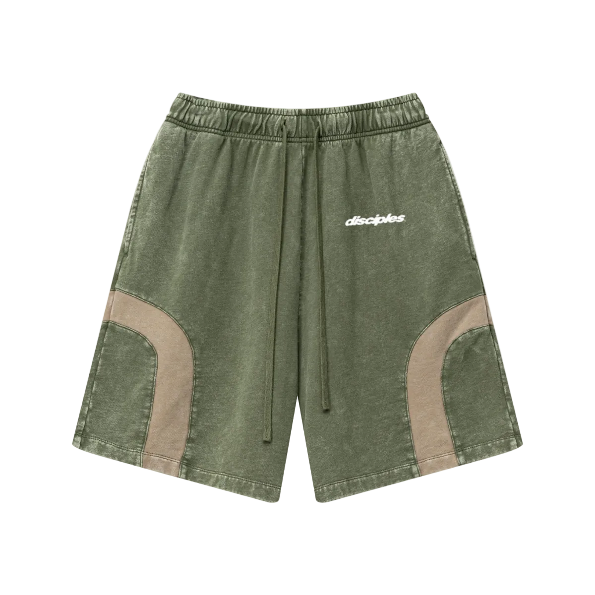 330GSM Unisex Heavyweight Contrast-Panel Snow-Washed Shorts Military Green/Khaki