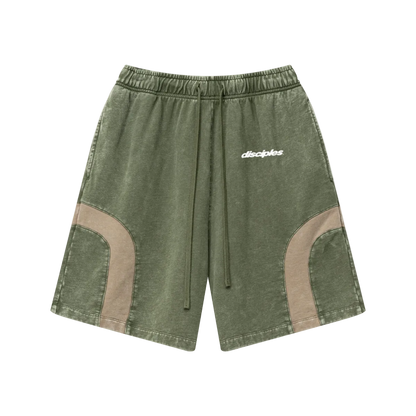 330GSM Unisex Heavyweight Contrast-Panel Snow-Washed Shorts Military Green/Khaki