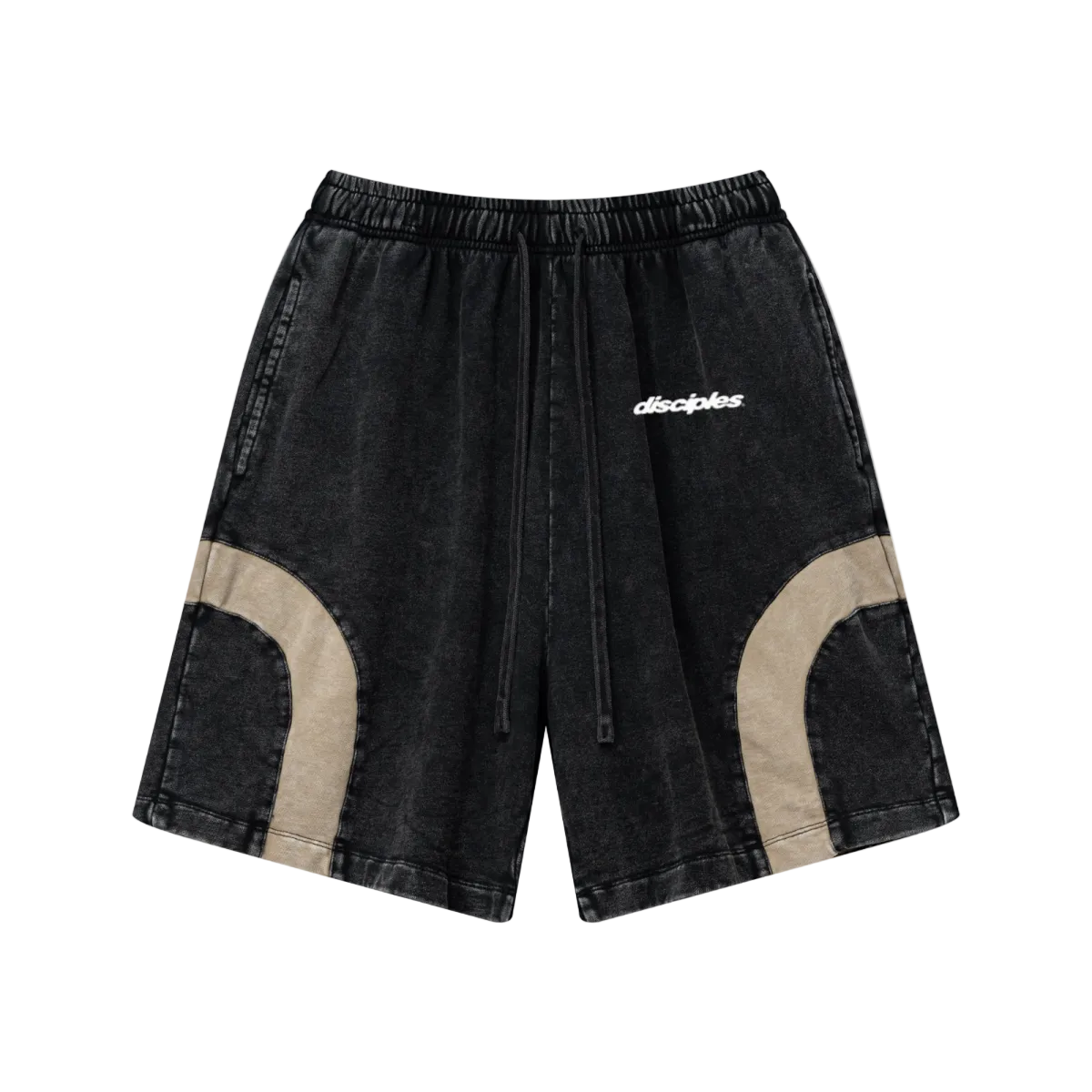 330GSM Unisex Heavyweight Contrast-Panel Snow-Washed Shorts Black/Khaki