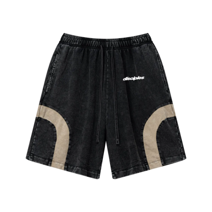 330GSM Unisex Heavyweight Contrast-Panel Snow-Washed Shorts Black/Khaki