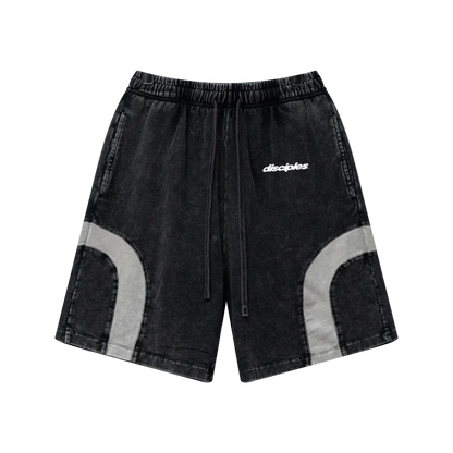 330GSM Unisex Heavyweight Contrast-Panel Snow-Washed Shorts Black/Medium Grey