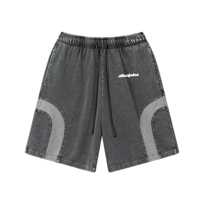 330GSM Unisex Heavyweight Contrast-Panel Snow-Washed Shorts Medium Grey/Dark Grey