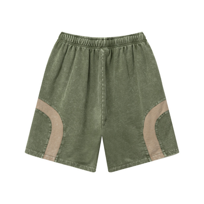 330GSM Unisex Heavyweight Contrast-Panel Snow-Washed Shorts Military Green/Khaki