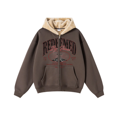 560GSM Unisex Composite Fleece Zip-Up Hoodie Brown