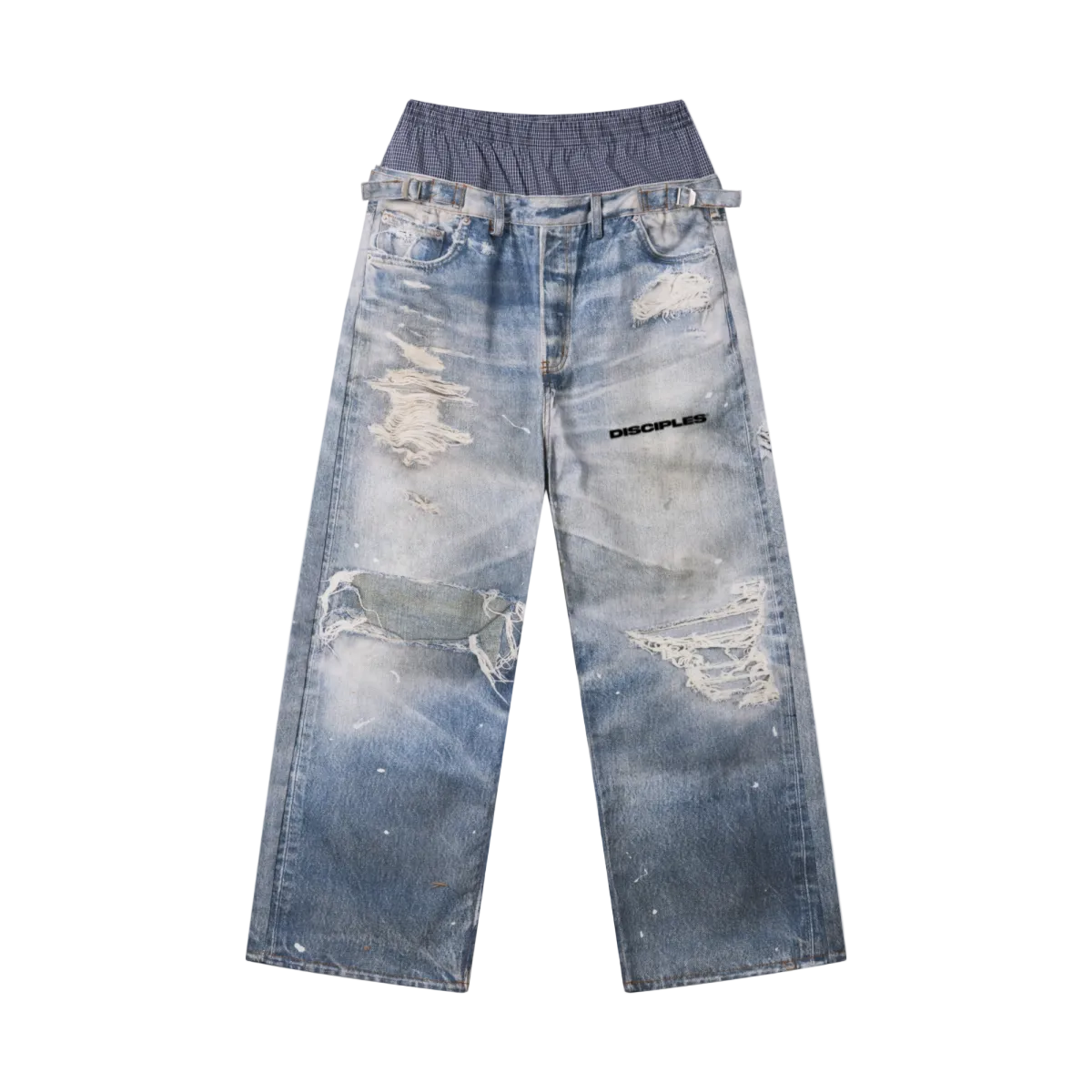 270GSM Men's Cotton Twill Denim Print Double Waist Loose Pants Blue
