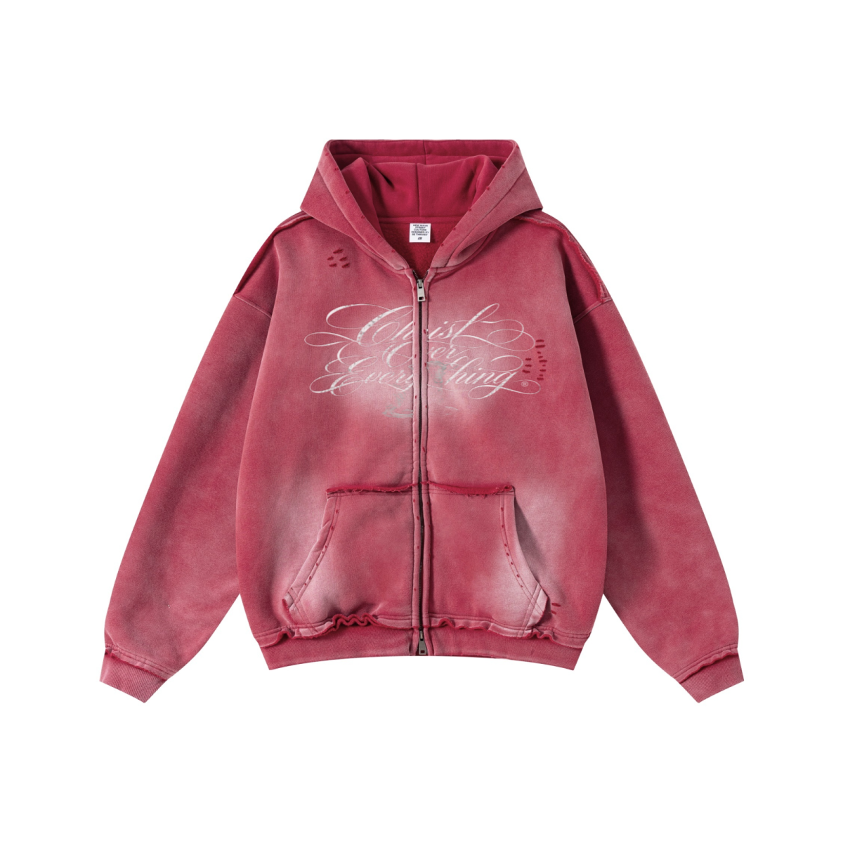 400GSM Men's Distressed Raw-Edge Zip-Up Hoodie Red