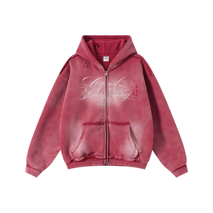 400GSM Men's Distressed Raw-Edge Zip-Up Hoodie Red